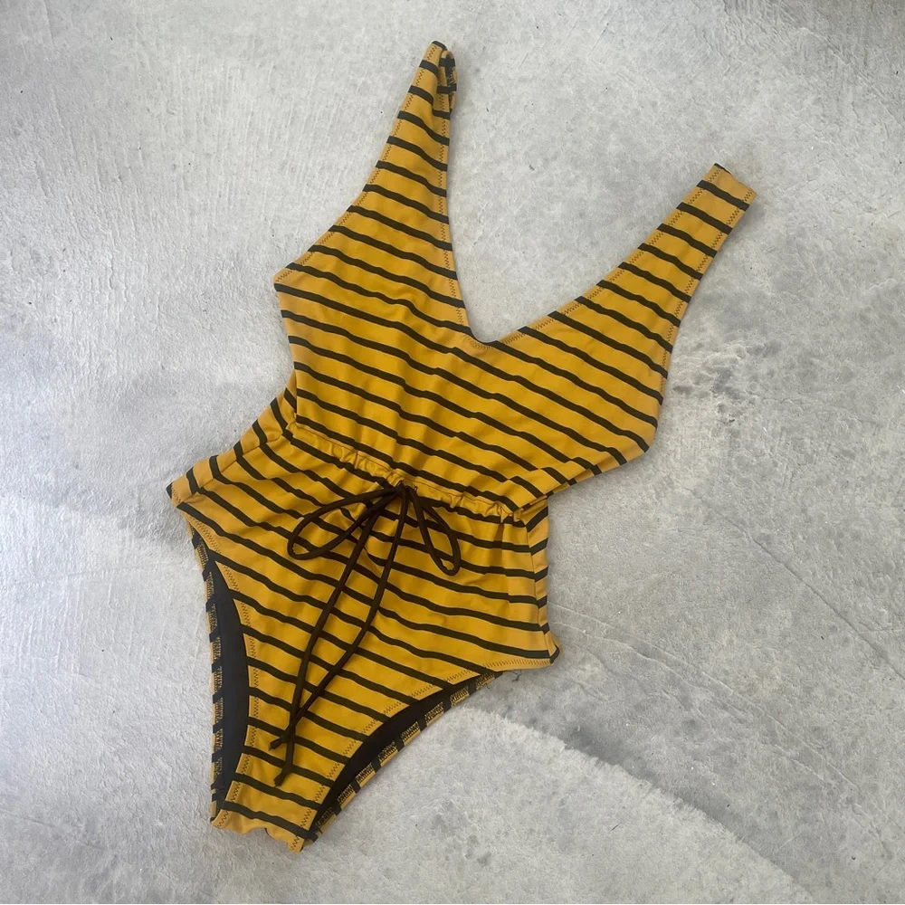 Solid and Striped mustard stripe one piece swimsuit sz Small - Picture 2 of 7